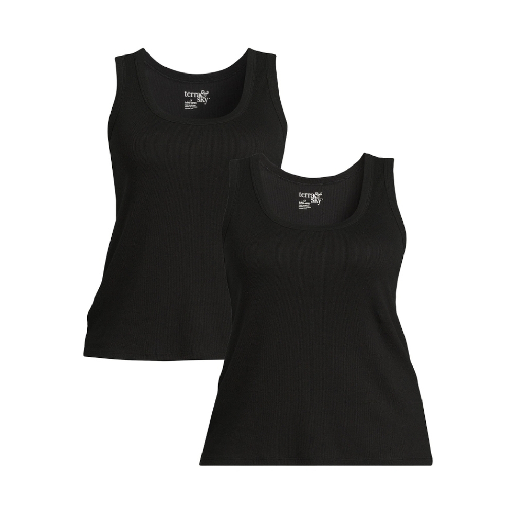 Plus Size 1X Terra & Sky Womens Ribbed Solid Black Tank Tops 2-Pack Bundle New